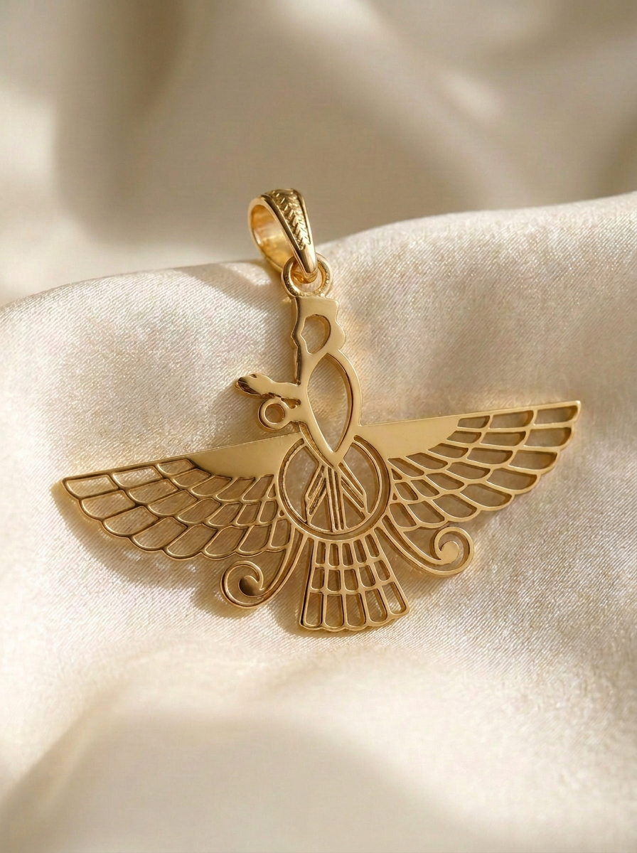 Asho Farohar Outline pendant in 18 karat gold photographed on cream silk