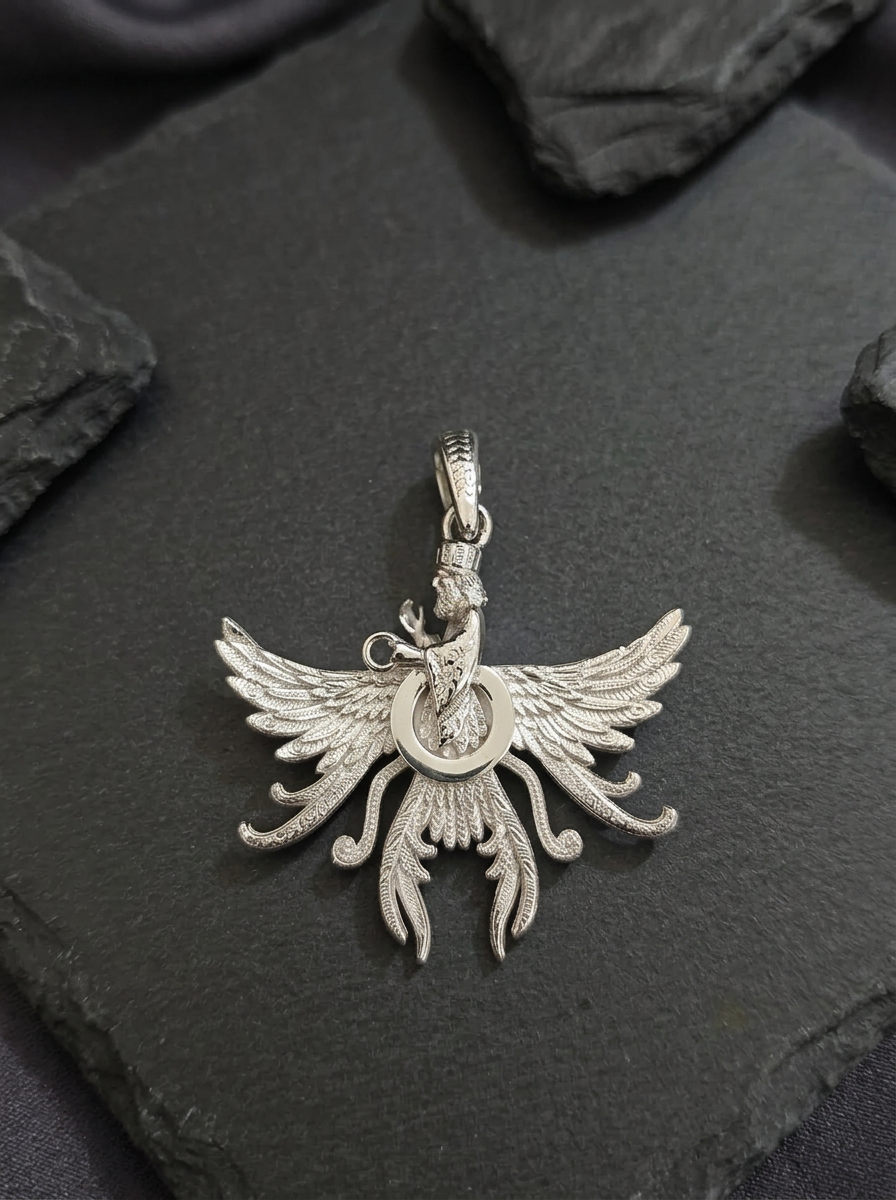 Asho Farohar Firestarter 3D pendant in sterling silver on charcoal